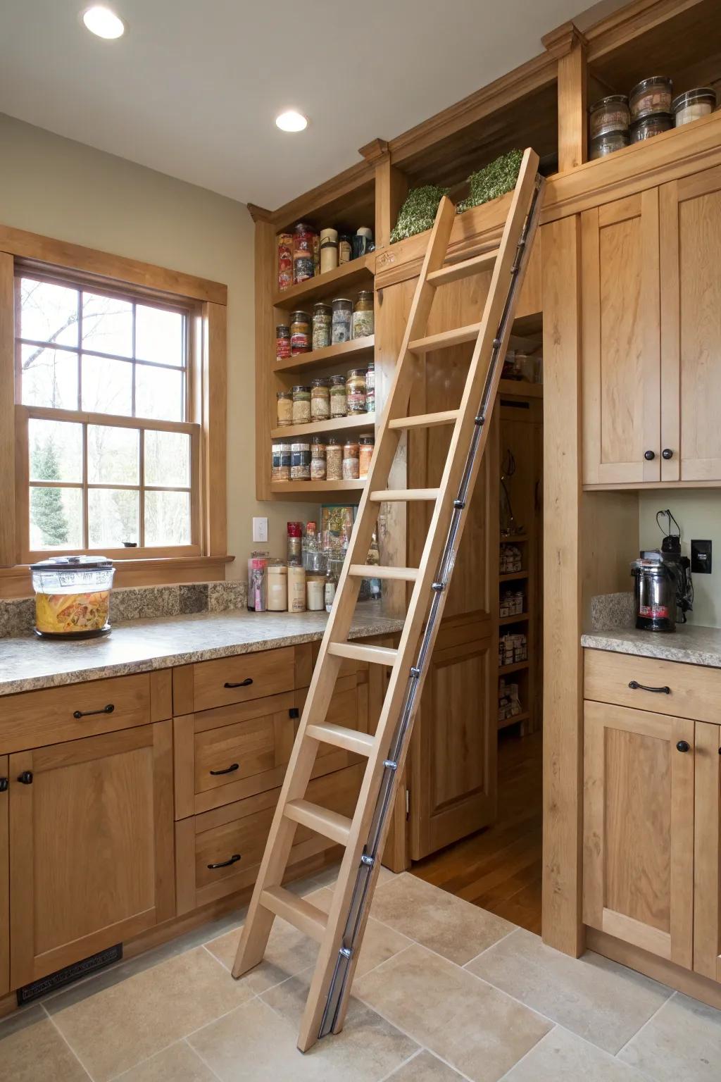 A sliding ladder delivering access to elevated shelves within a secret pantry.
