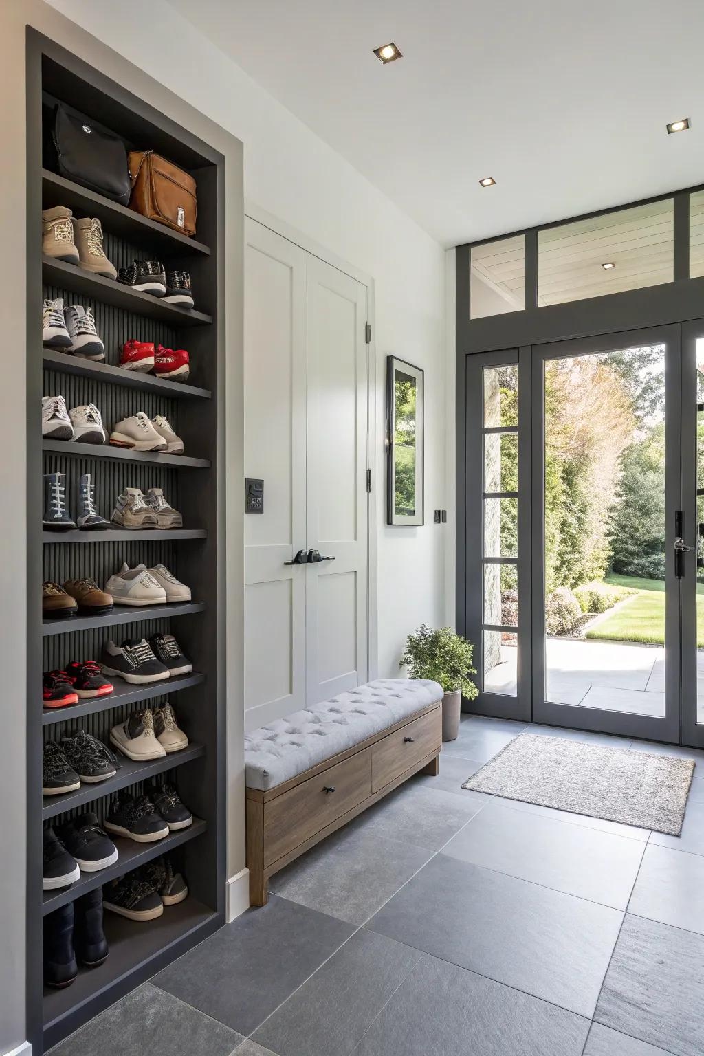 Magnetic footwear storage combines design with utility.