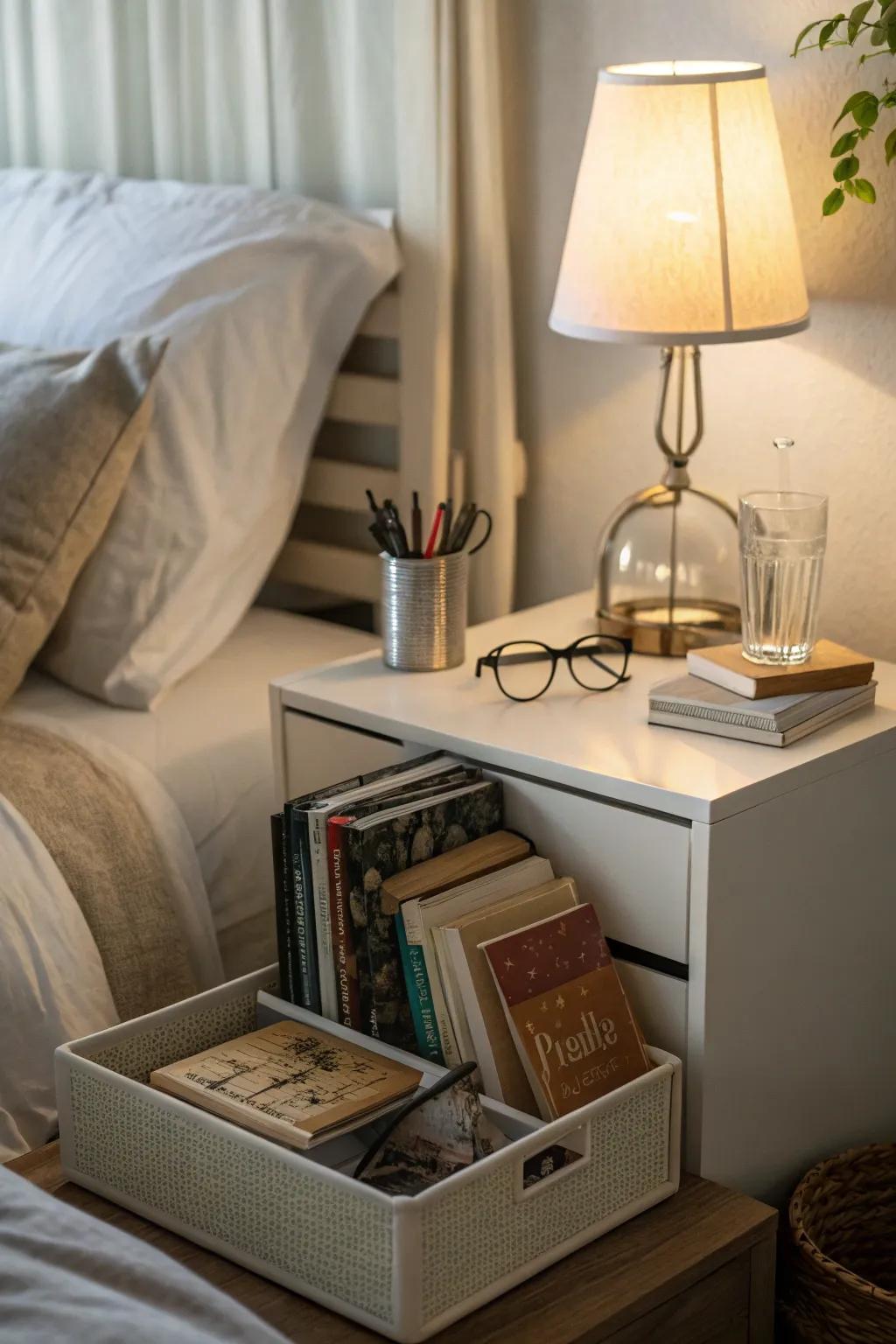 Bedside caddy for arranged nighttime must-haves