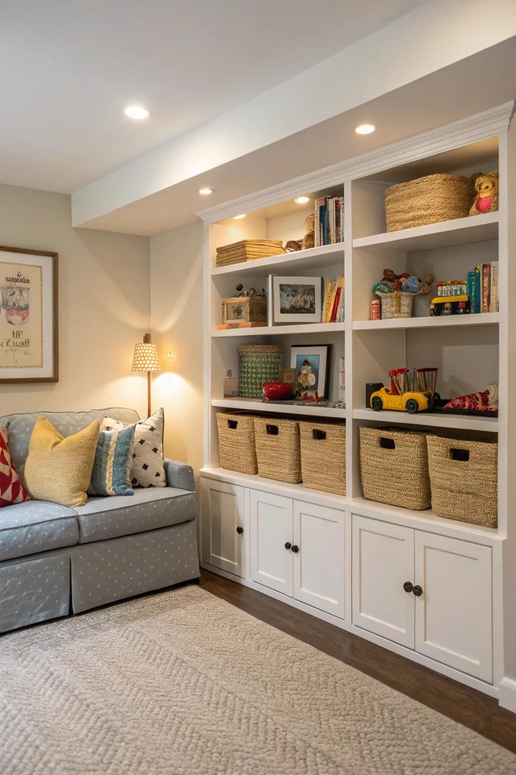 Making use of nooks for secret toy storage.
