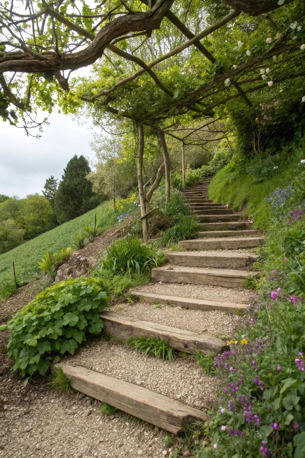 Wood and rock steps provide countryside charm and practicality.