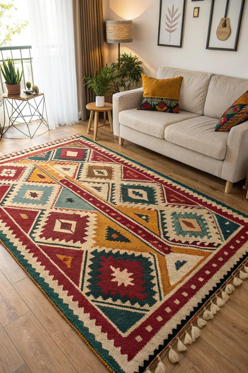 A living room united by a striking geometric rug.