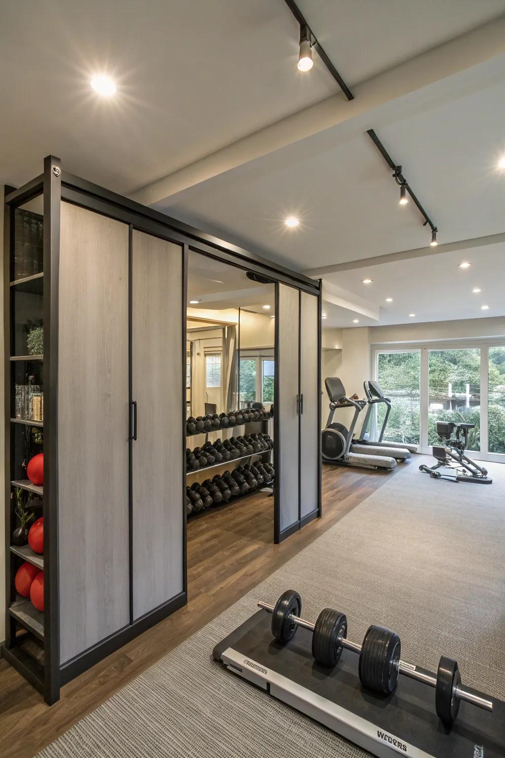 Sliding panels provide a sleek and modern way to hide gym equipment.