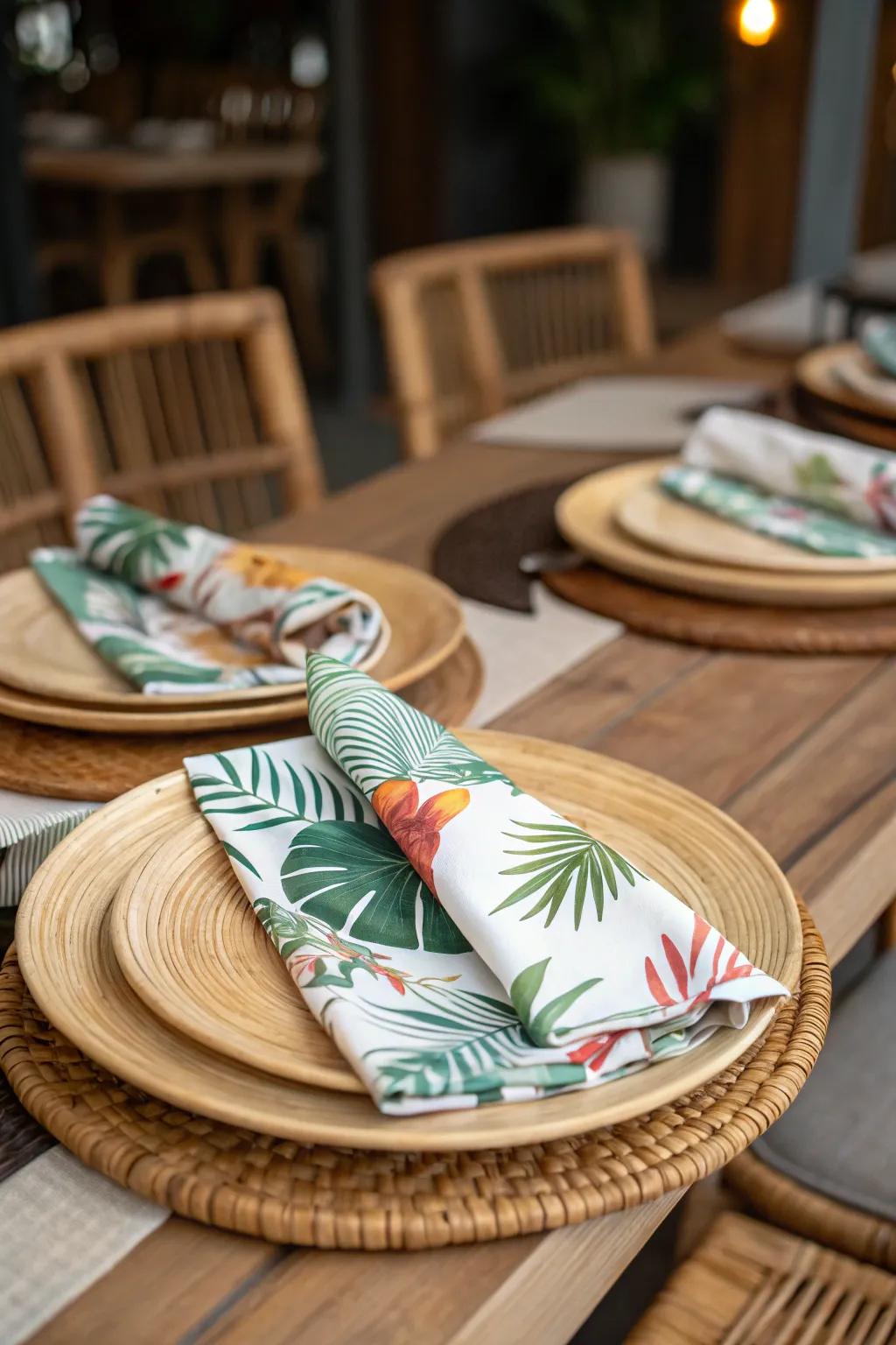 Themed place settings complete the tiki look.