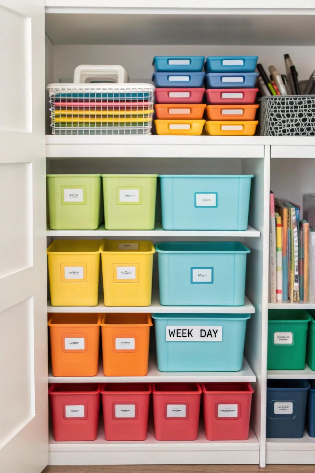 Weekly supply bins make it easier to plan and prepare materials in advance for effective homeschooling.