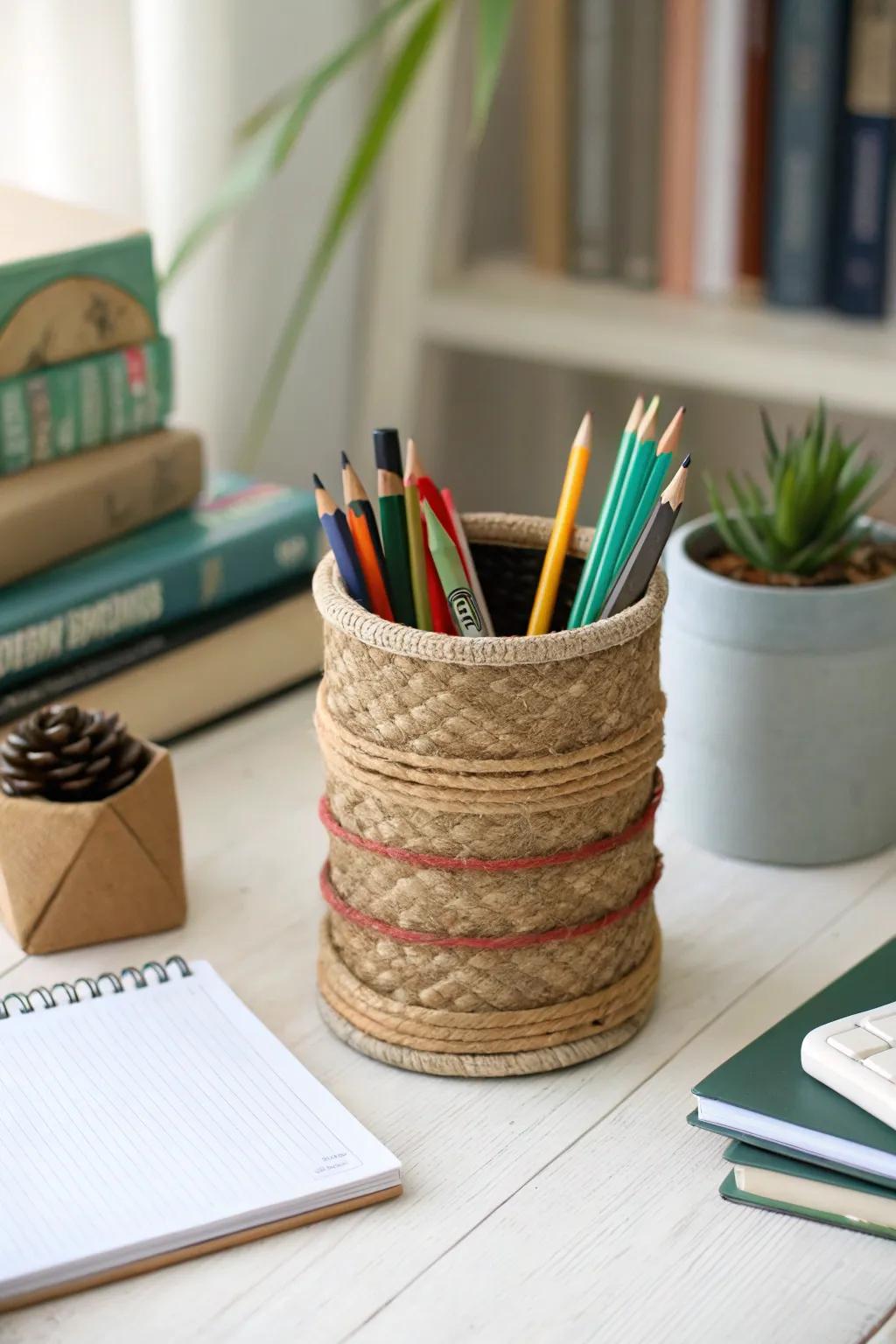 A creative pencil cup fashioned from upcycled materials.