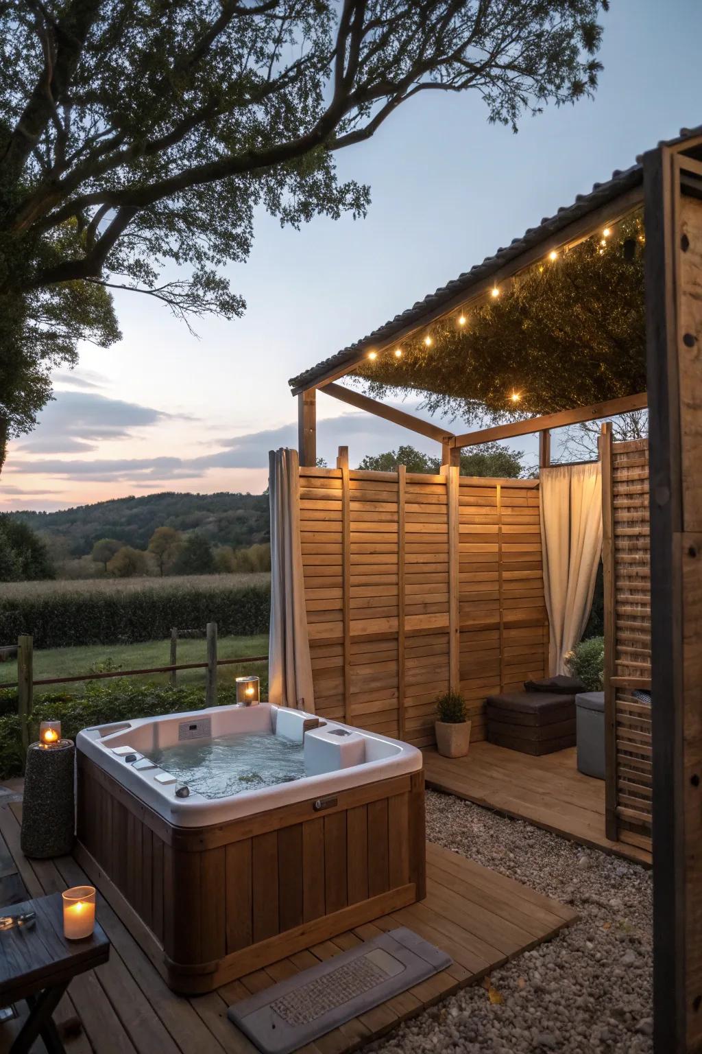 Wooden screens deliver rustic charm and a sense of seclusion.