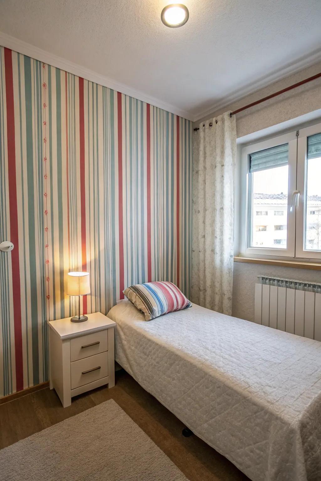 Vertical stripes featured in wallpaper generate an impression of added height inside a small bedroom.