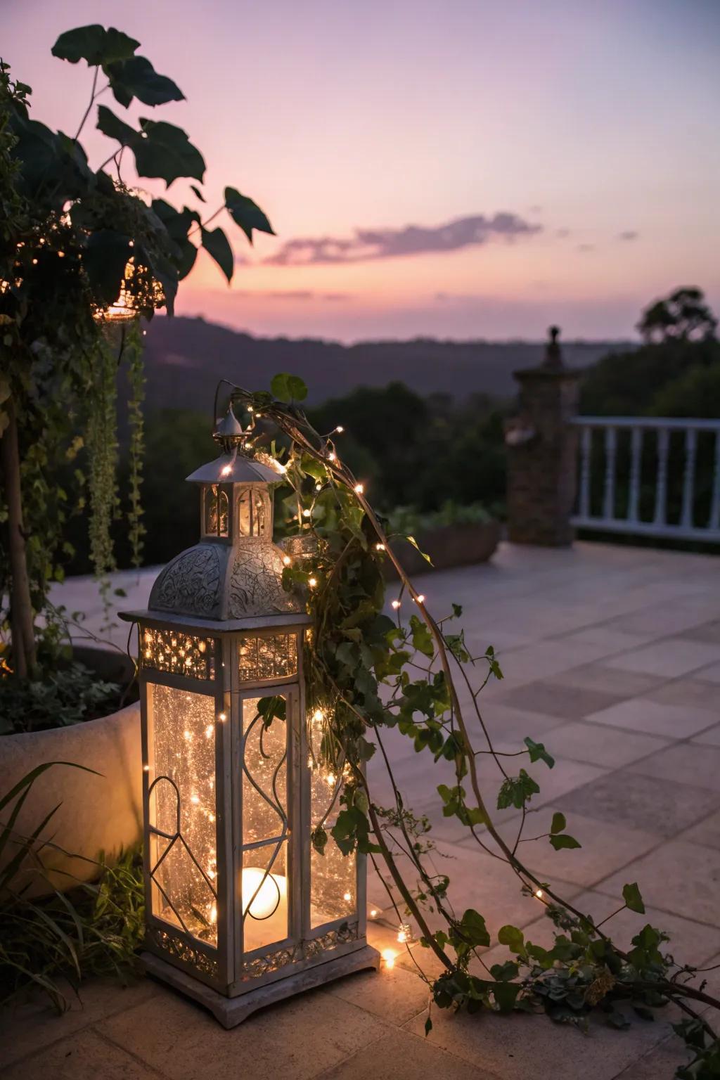 Enchanting fairy tale lantern with creeping plants and lights.