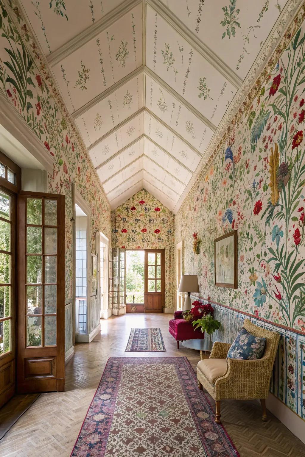 Eclectic wallpaper enhances the room's persona through bold design.