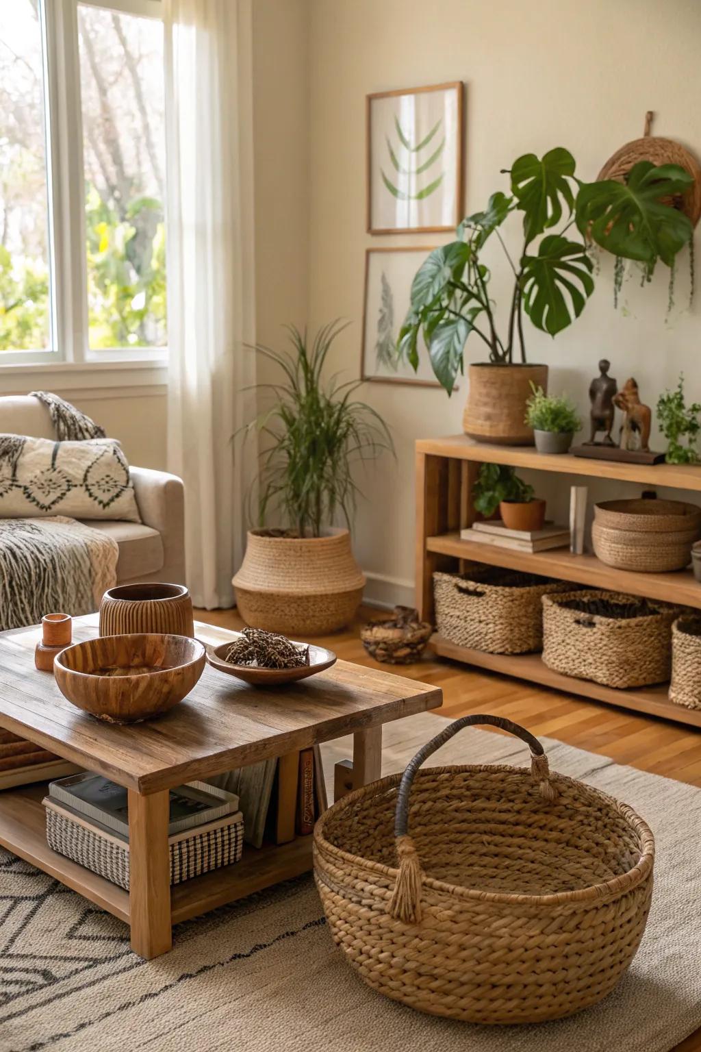 Eco-friendly decor imparts charm and promotes sustainability within the space.