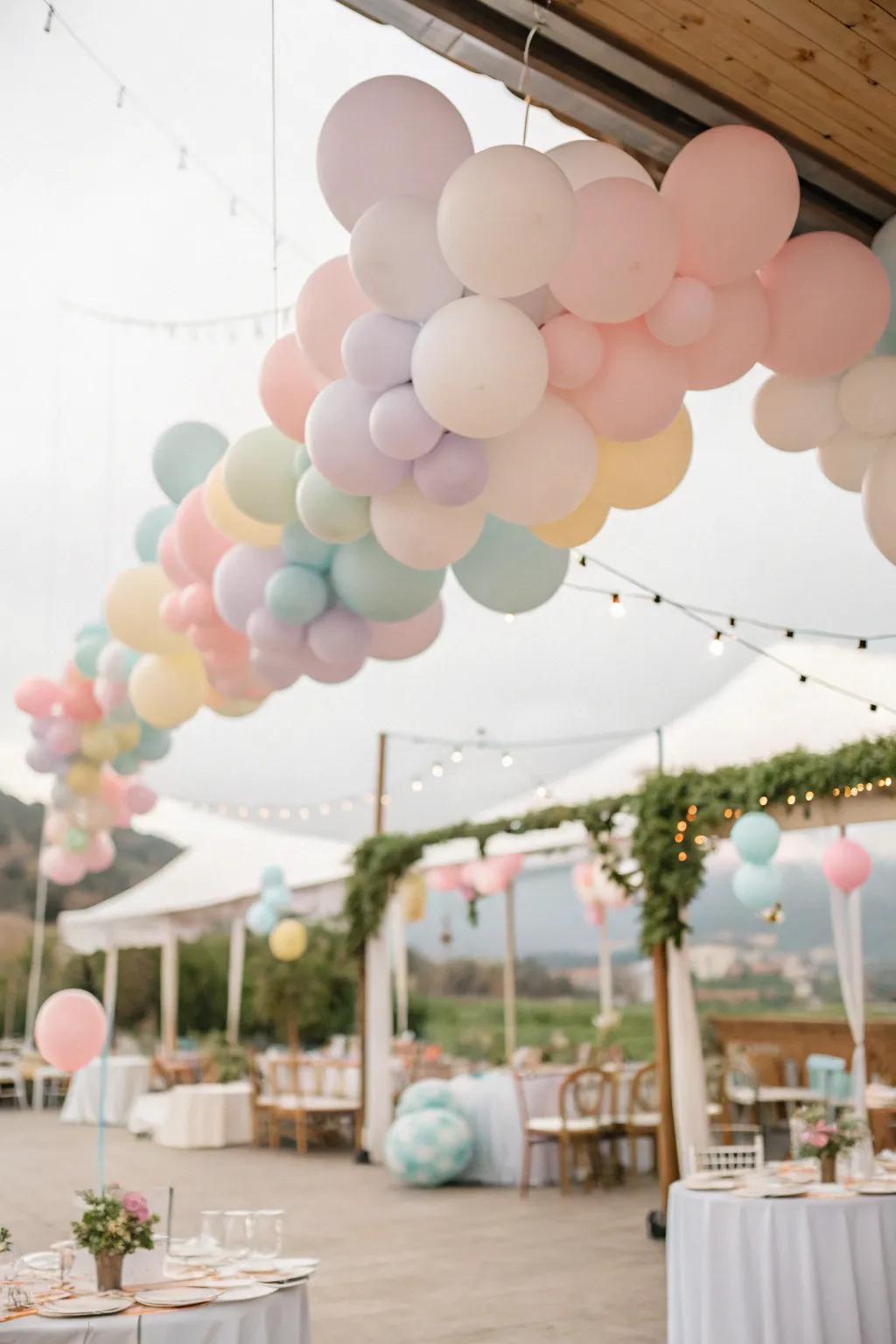 Balloon clouds conjure a whimsical and dreamy ambiance above the event area.