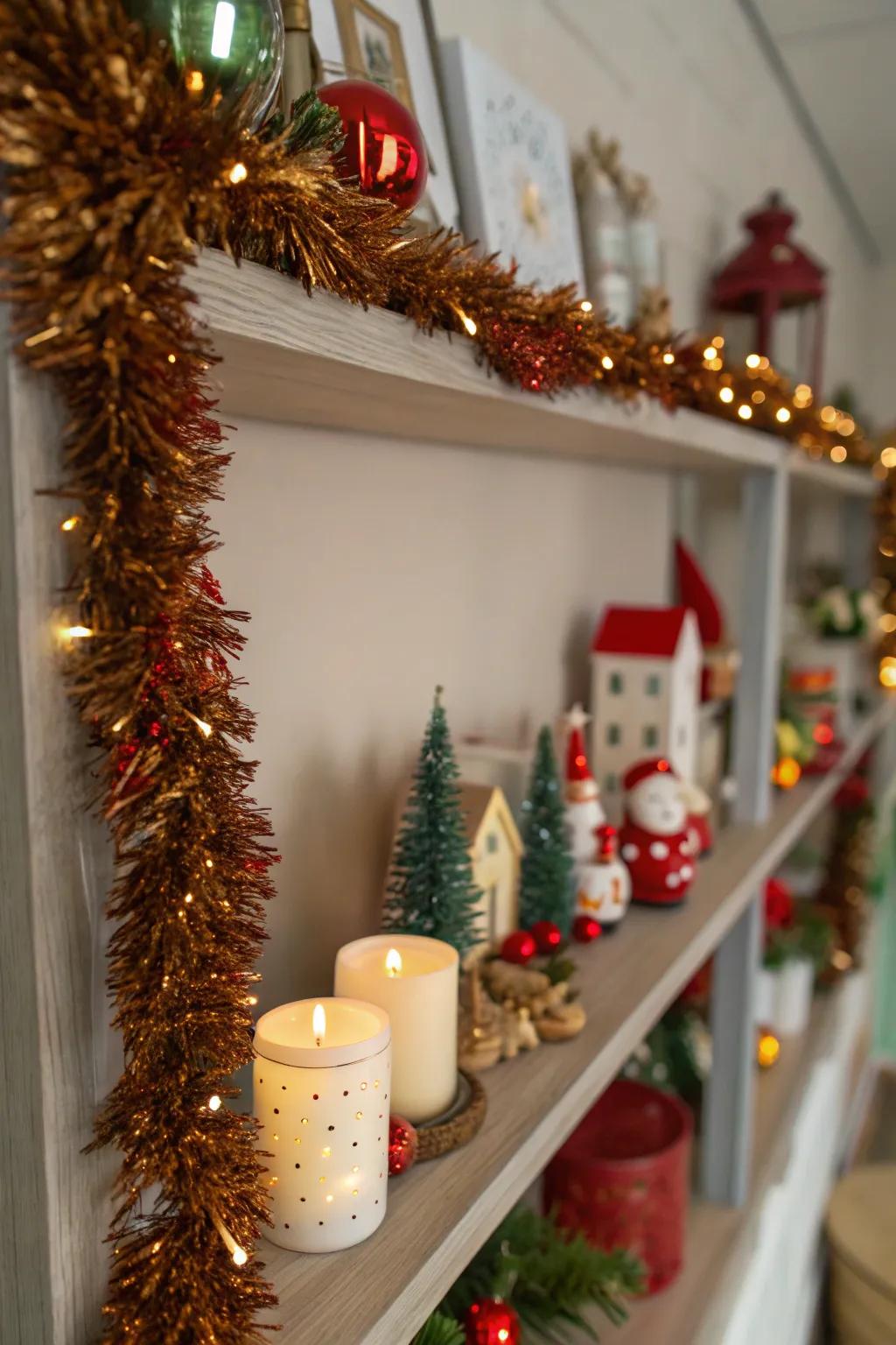 A ledge showcasing holiday collectibles accentuated with glittery strands.