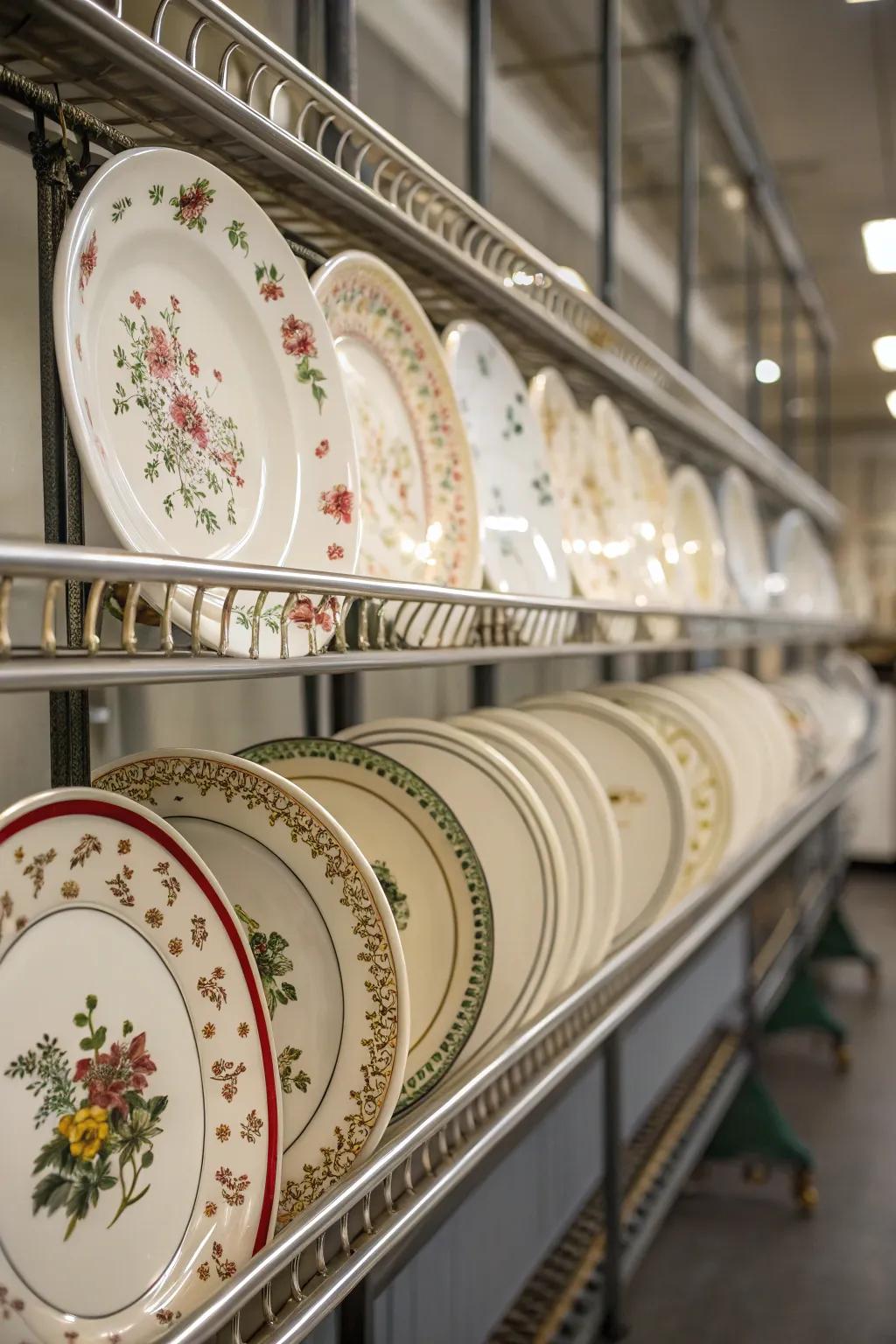 Hanging dish rails gracefully showcasing ornamental china plates.