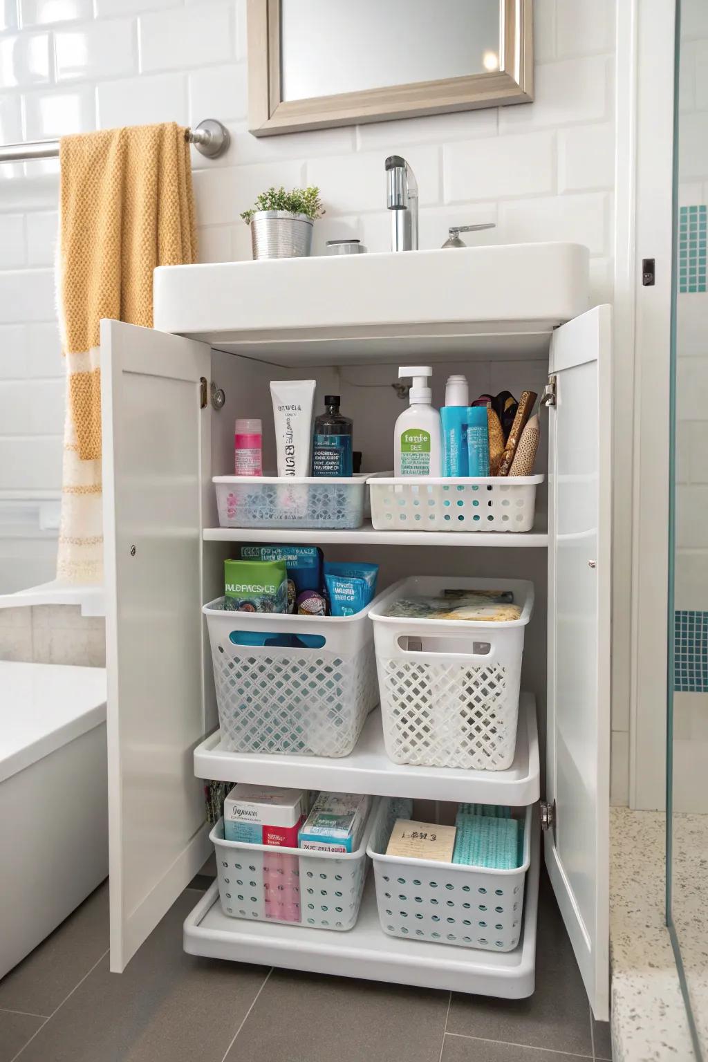 Stackable bins in a bathroom cabinet, providing layered storage solutions.