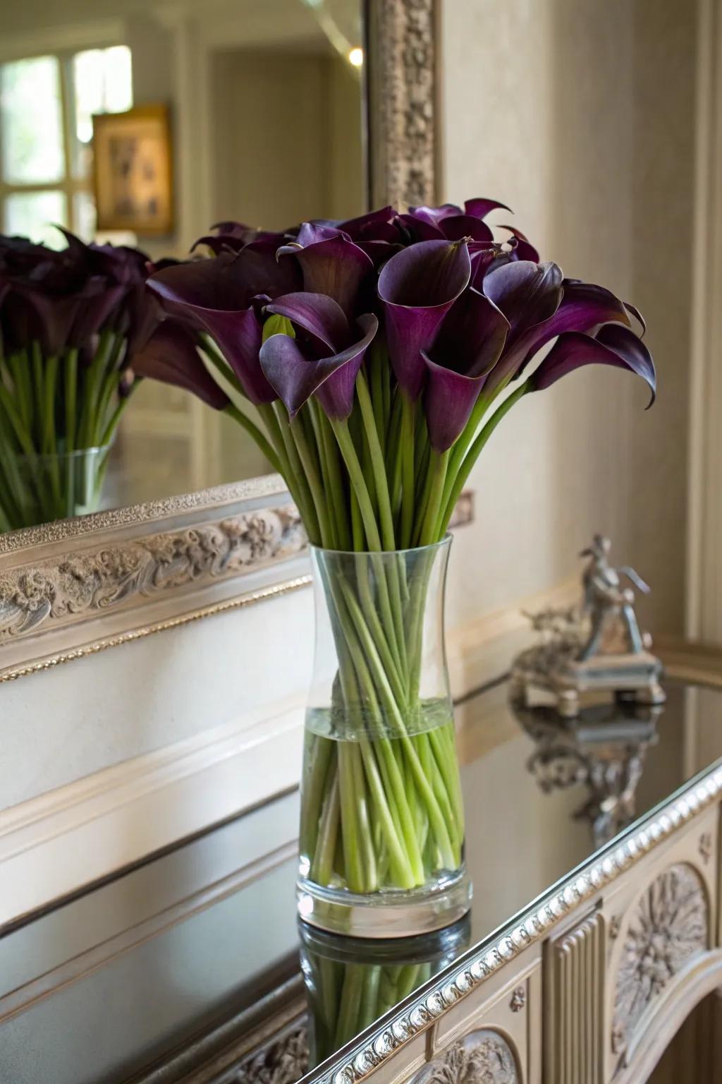 Somber blossoms infusing theatrics into a lounge environment.