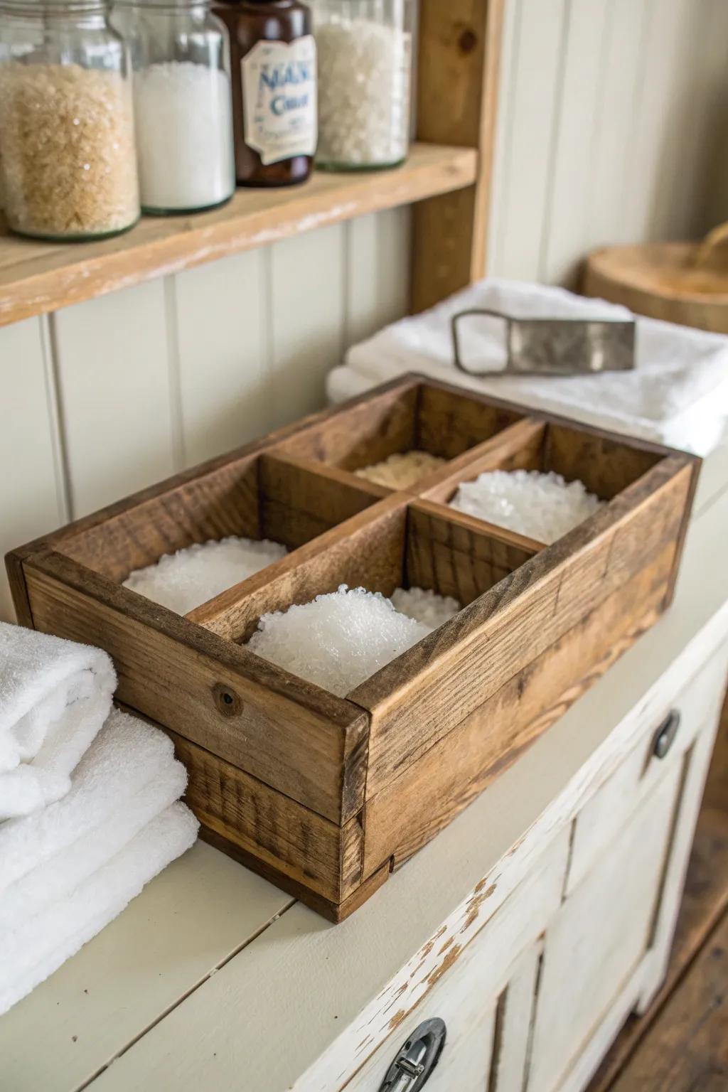 Cute and rustic Epsom salt storage in wooden boxes