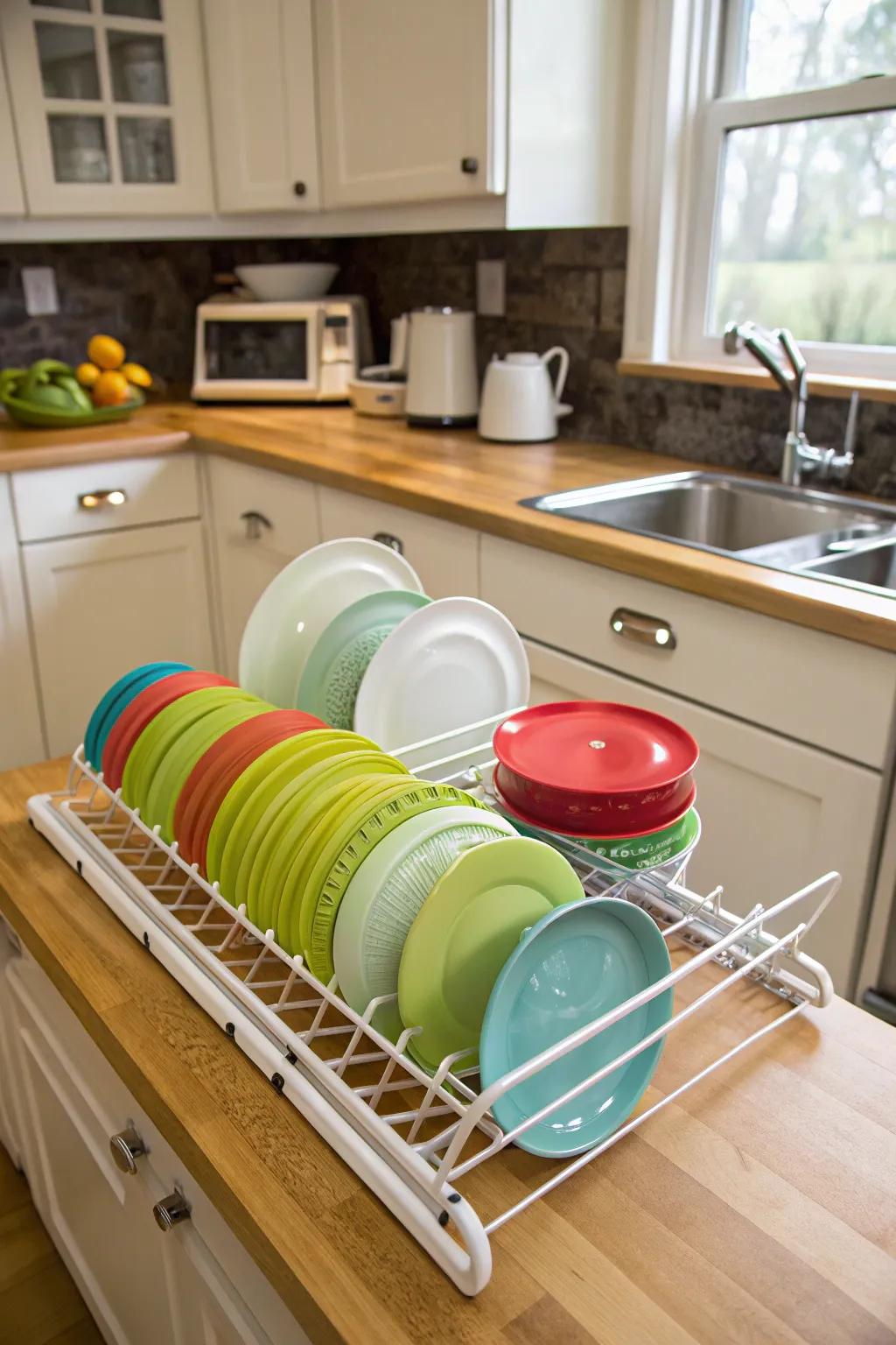 Roll-up drying rack ingeniously adapted as a lid organizer.