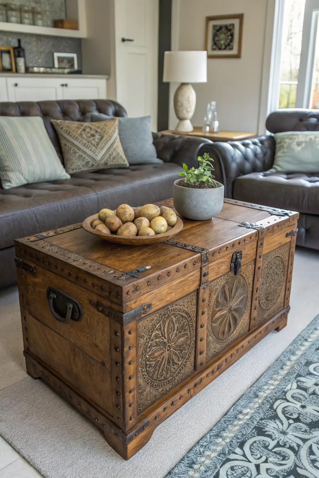 Vintage trunk introduces character while storing potatoes.