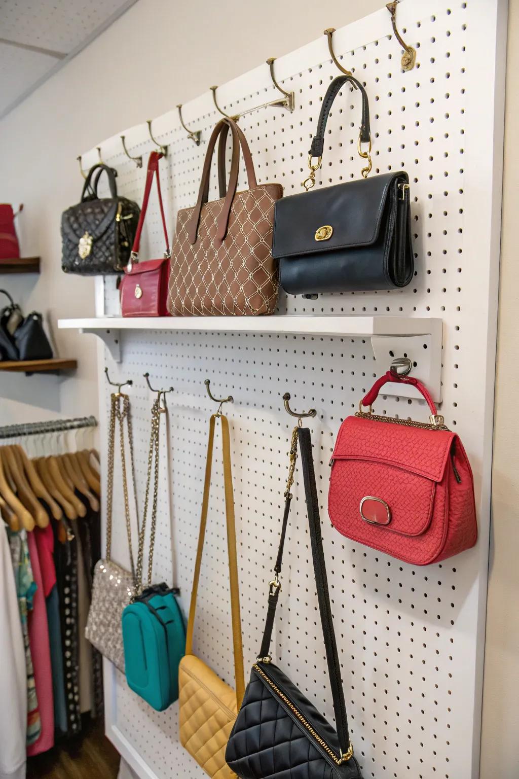 A pegboard wall providing adaptable and inventive handbag storage options.