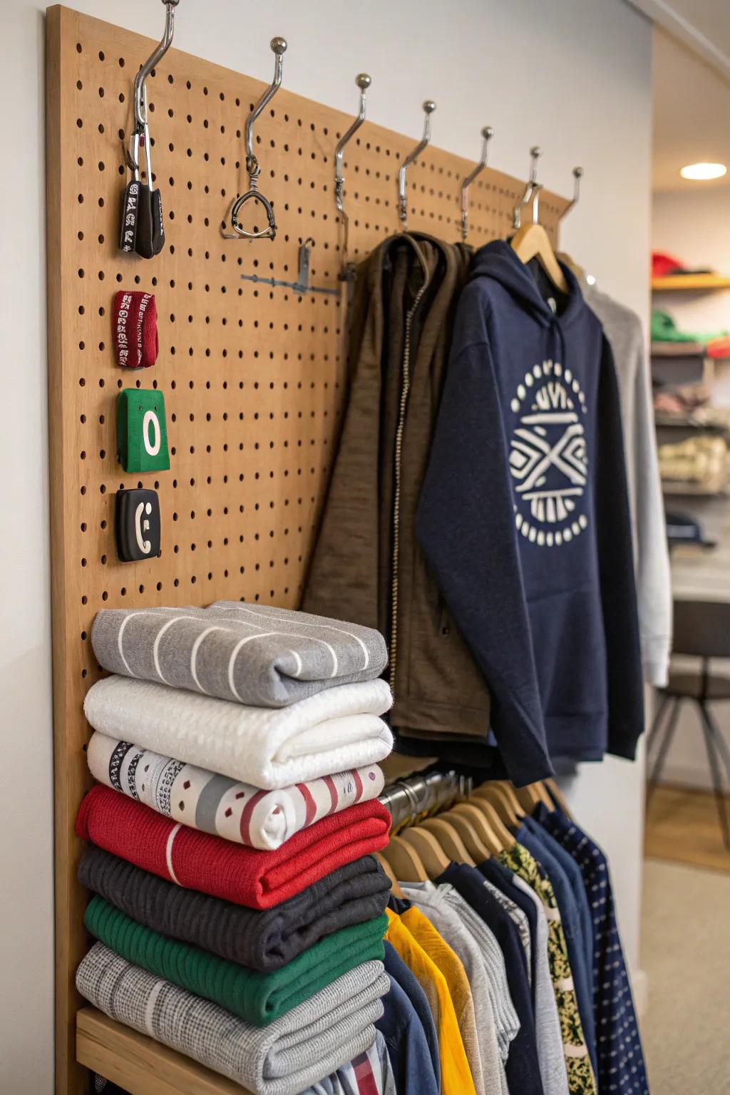 Pegboards offer a creative and functional way to store sweatshirts.
