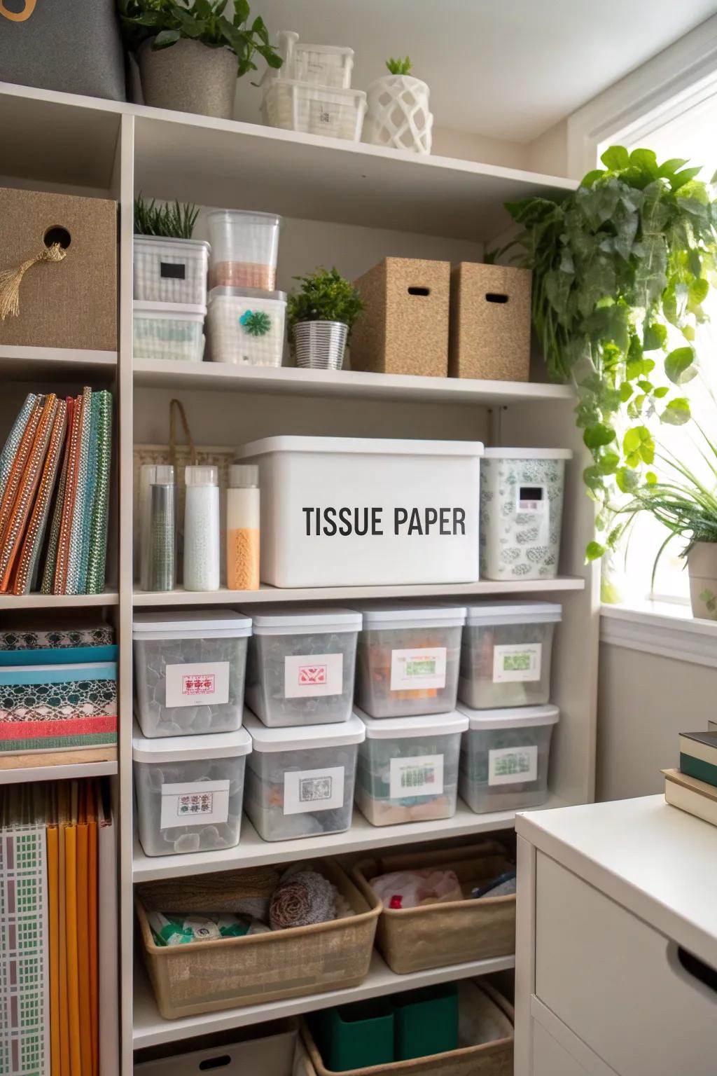 Labeled storage boxes make finding tissue paper a breeze.
