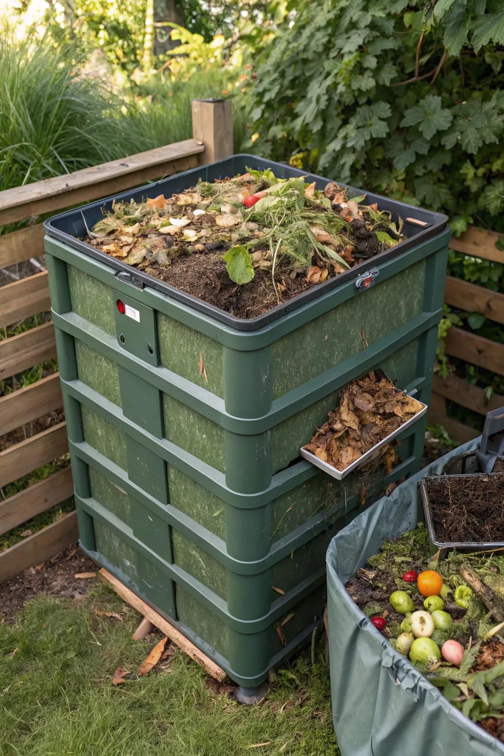 A composter displaying the ideal layering of different components for optimum material breakdown.