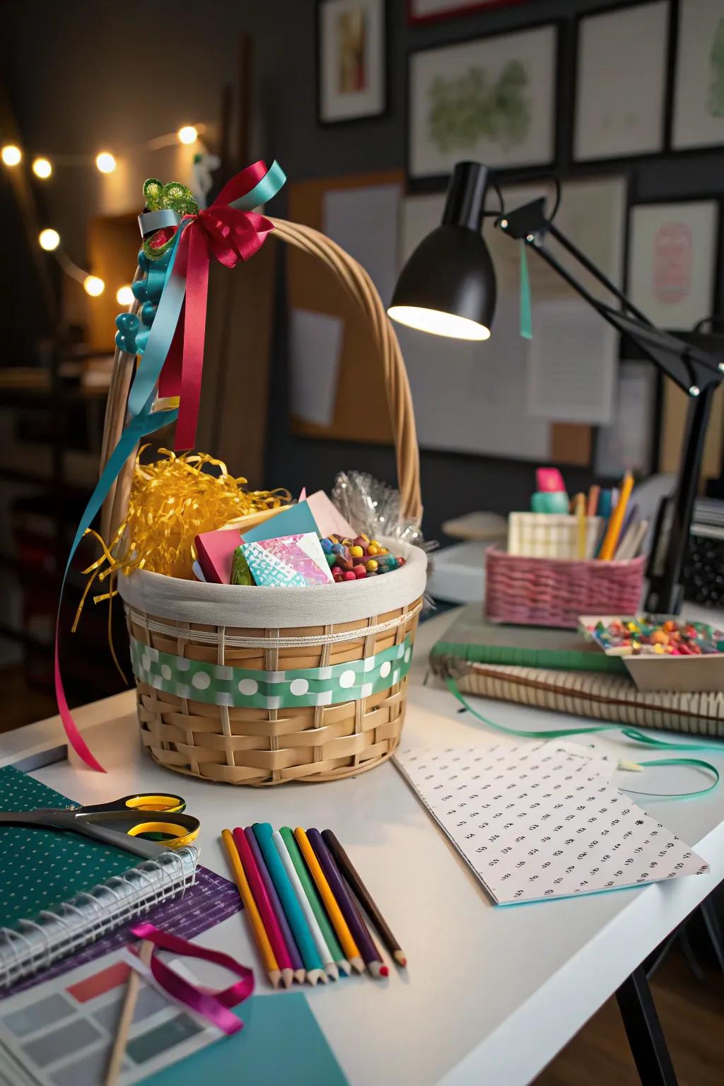 Assembling materials adds depth and interest to your gift basket.