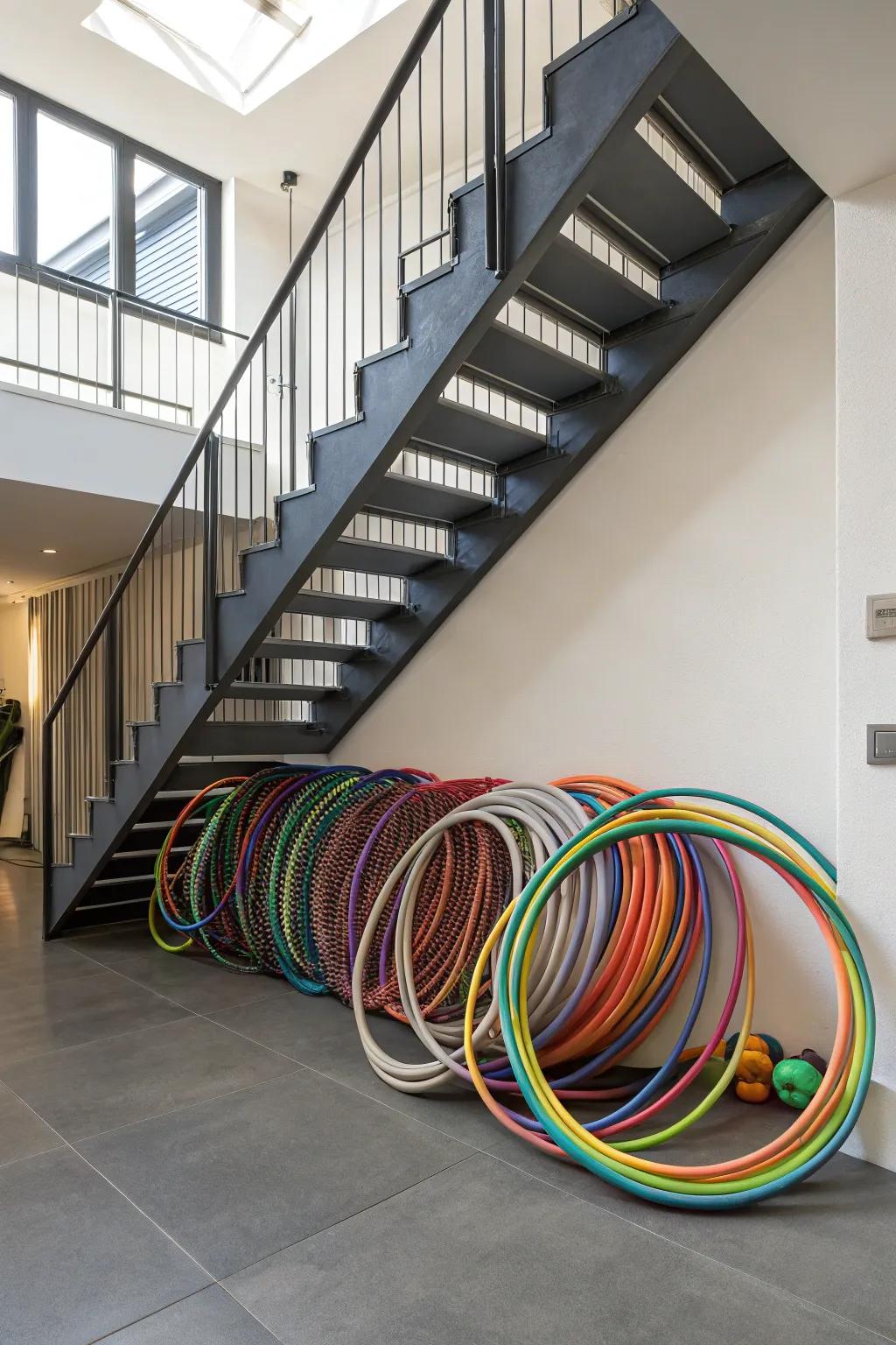 Hula hoops ingeniously stowed under a staircase, utilizing overlooked space effectively.