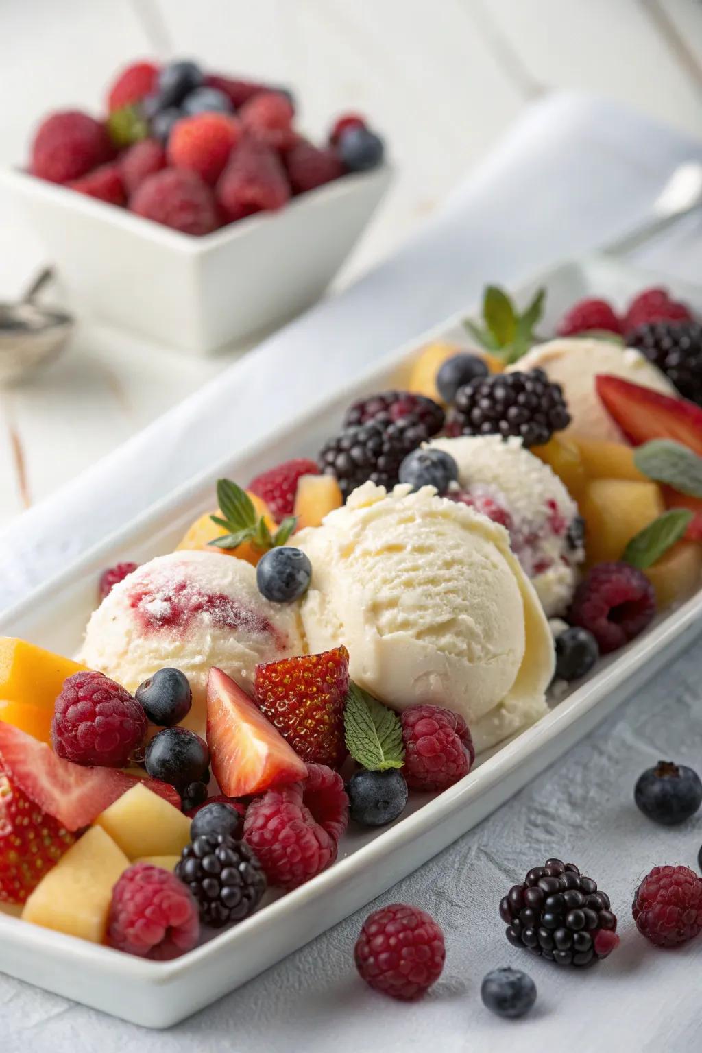 Frozen fruit decorations adding color and freshness to the dessert.