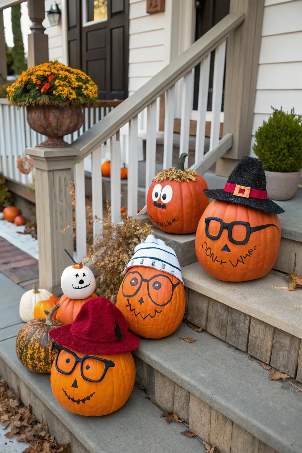 Pumpkins with personality adding amusement and character to the ornamentation.