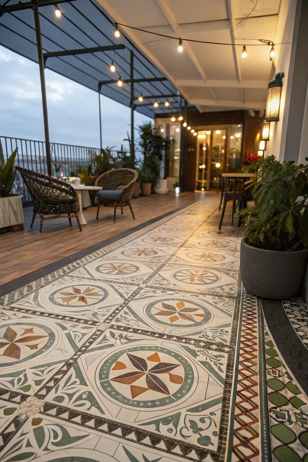 This indoor deck is given character by creative flooring.