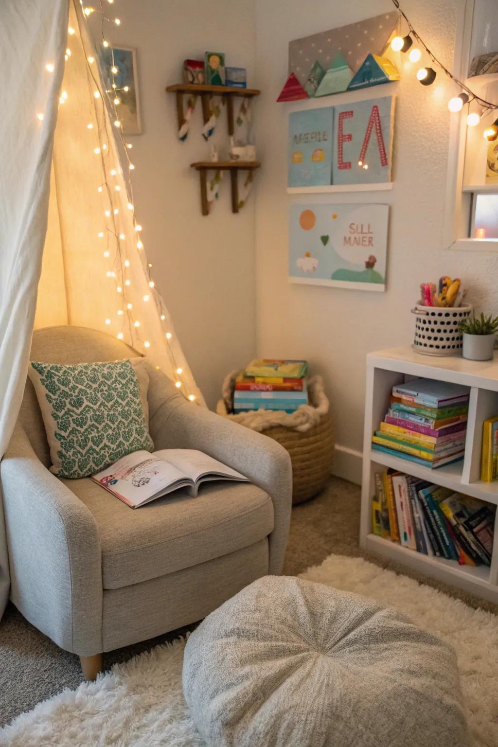 A perusing hideaway affords a serene getaway within a play expanse.