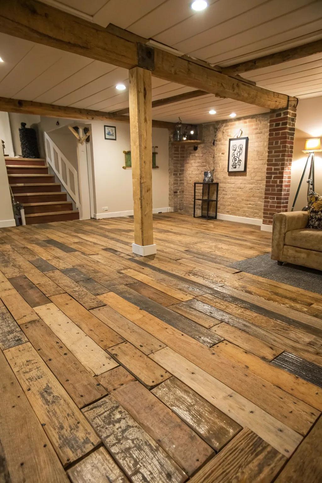Repurposed timber board floors bring a countryside and eco-conscious touch.