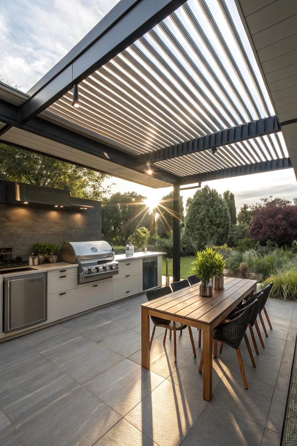 A versatile louvered roof for adaptable outdoor existence.