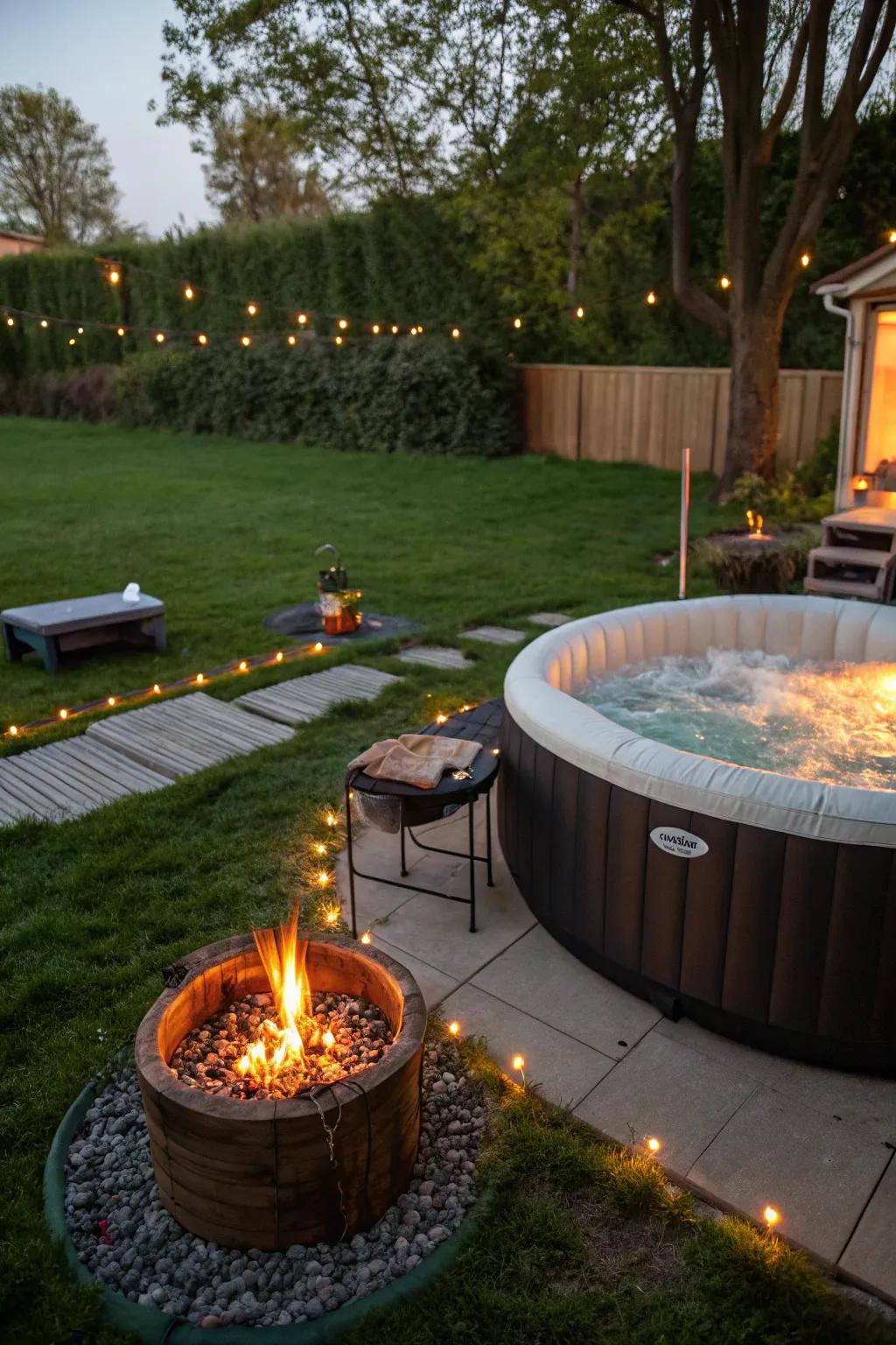 A bonfire area adds warmth and charisma to the bubbly spa area.