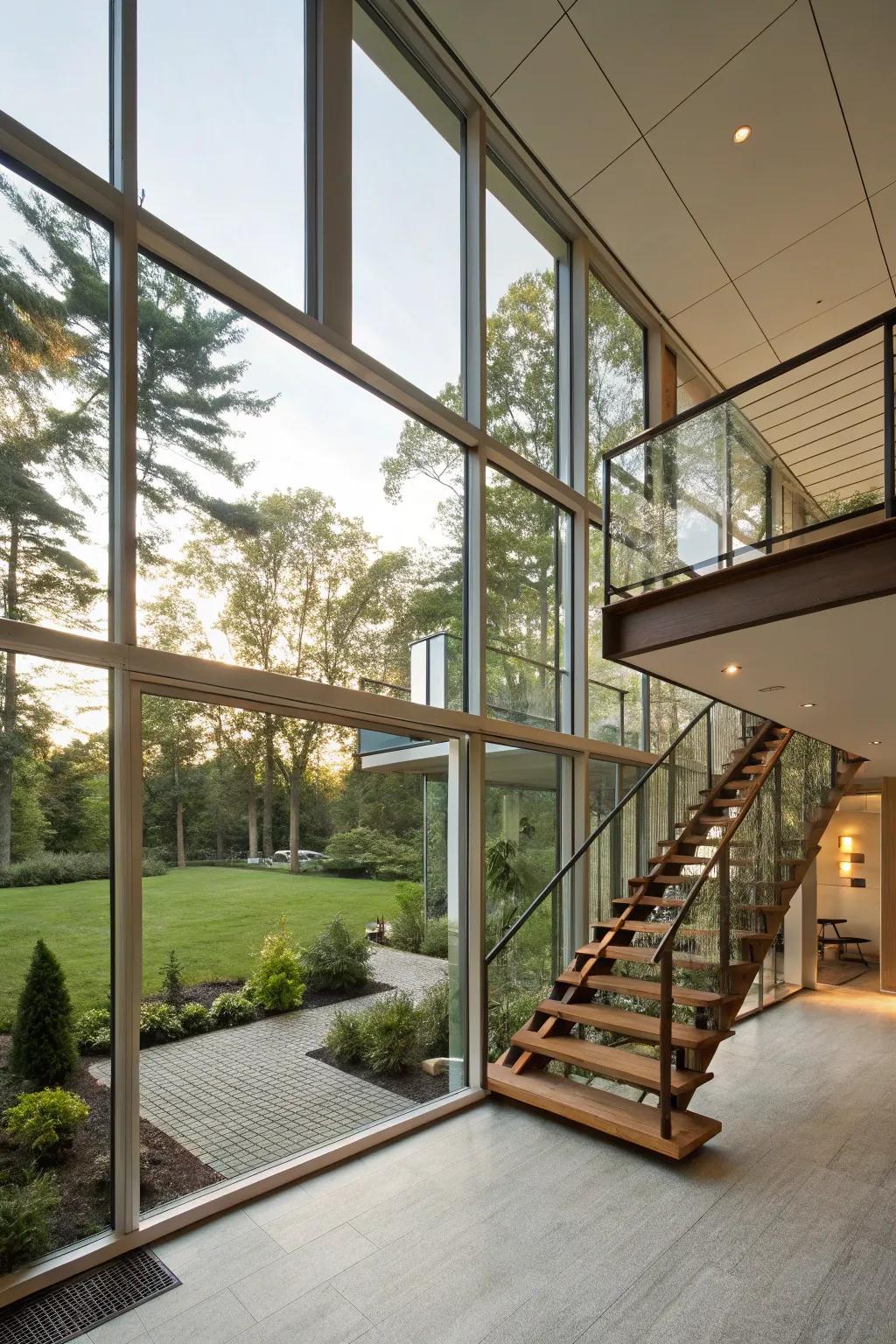 Maintain a sense of spaciousness with glass panels between levels.