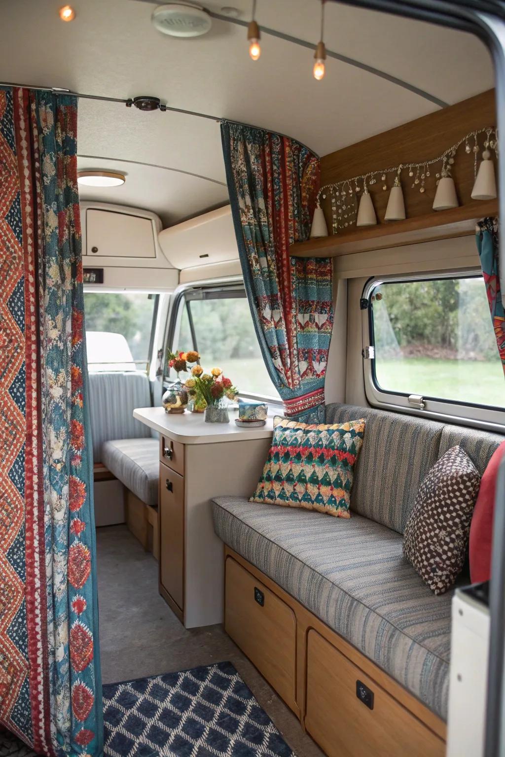 Patterned window covers that bring style and a cool vibe to the camper.