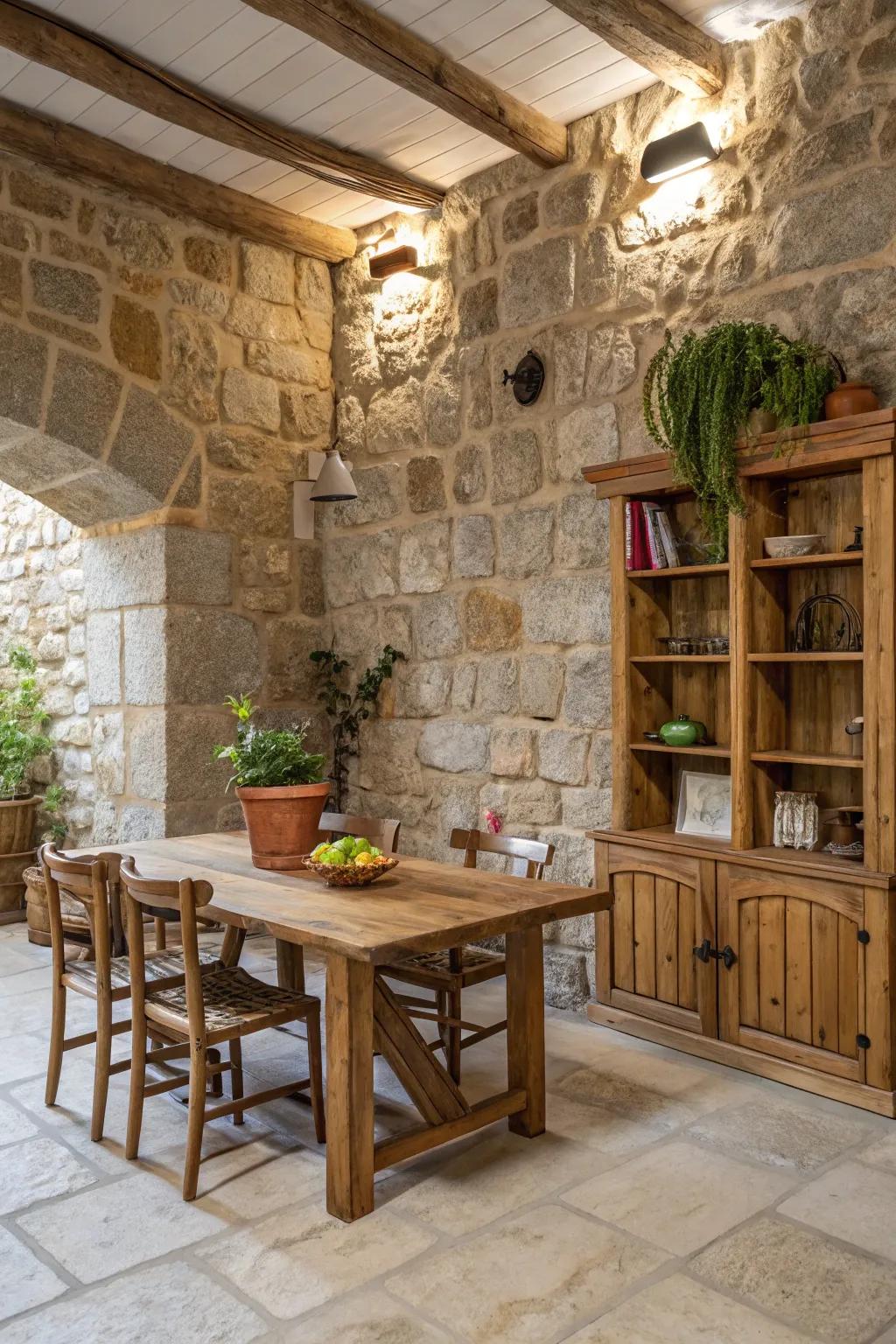 Innate materials, such as stone and wood, establish an organic touch.