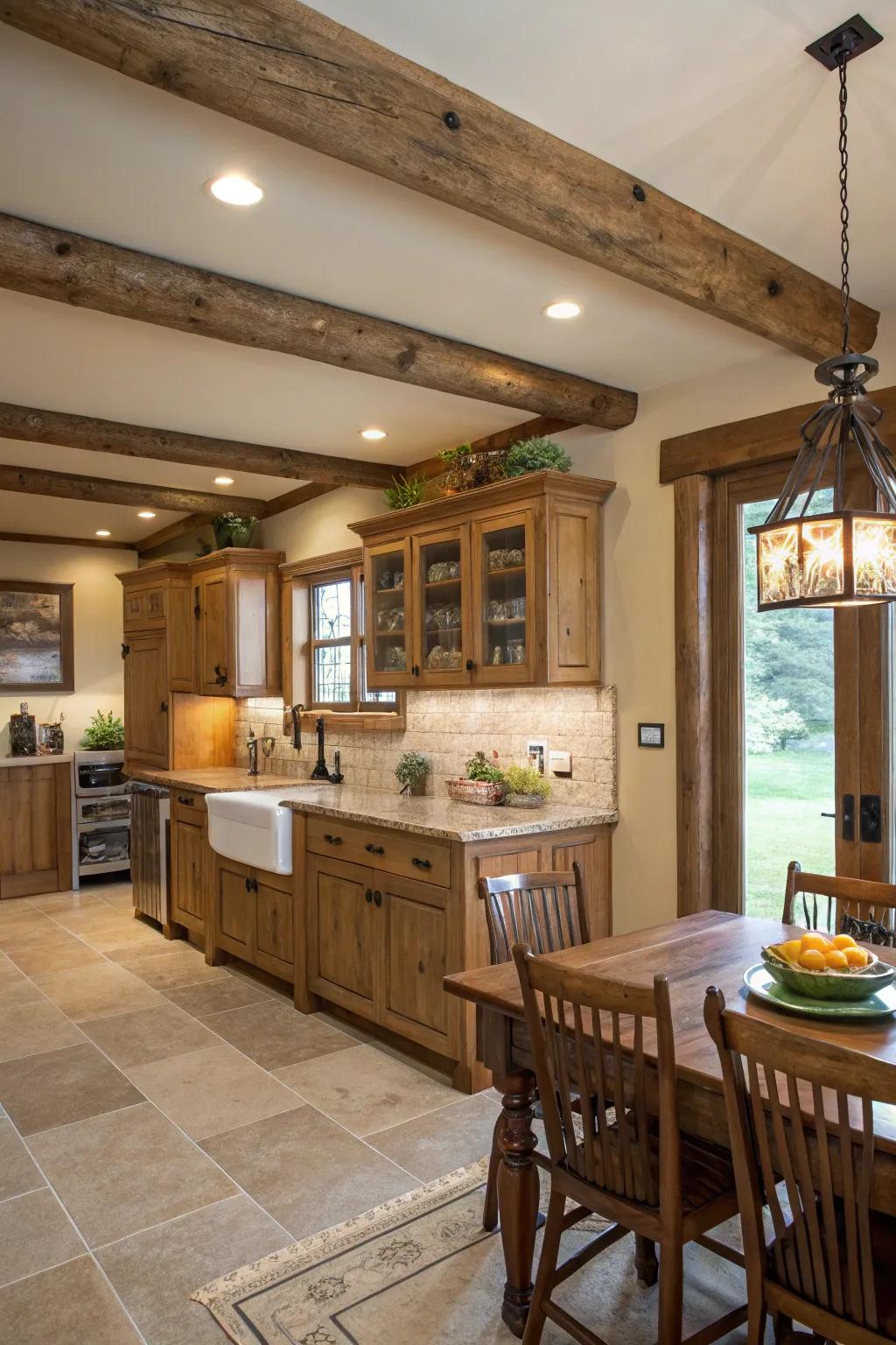 A kitchen featuring rustic exposed wood trim for added warmth.