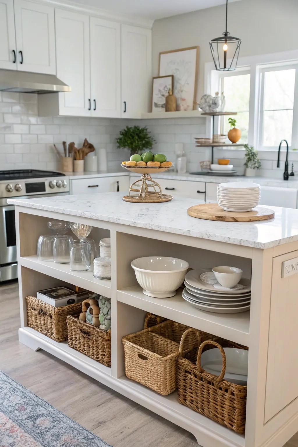 Open shelving adding functional and visual appeal to a kitchen island.