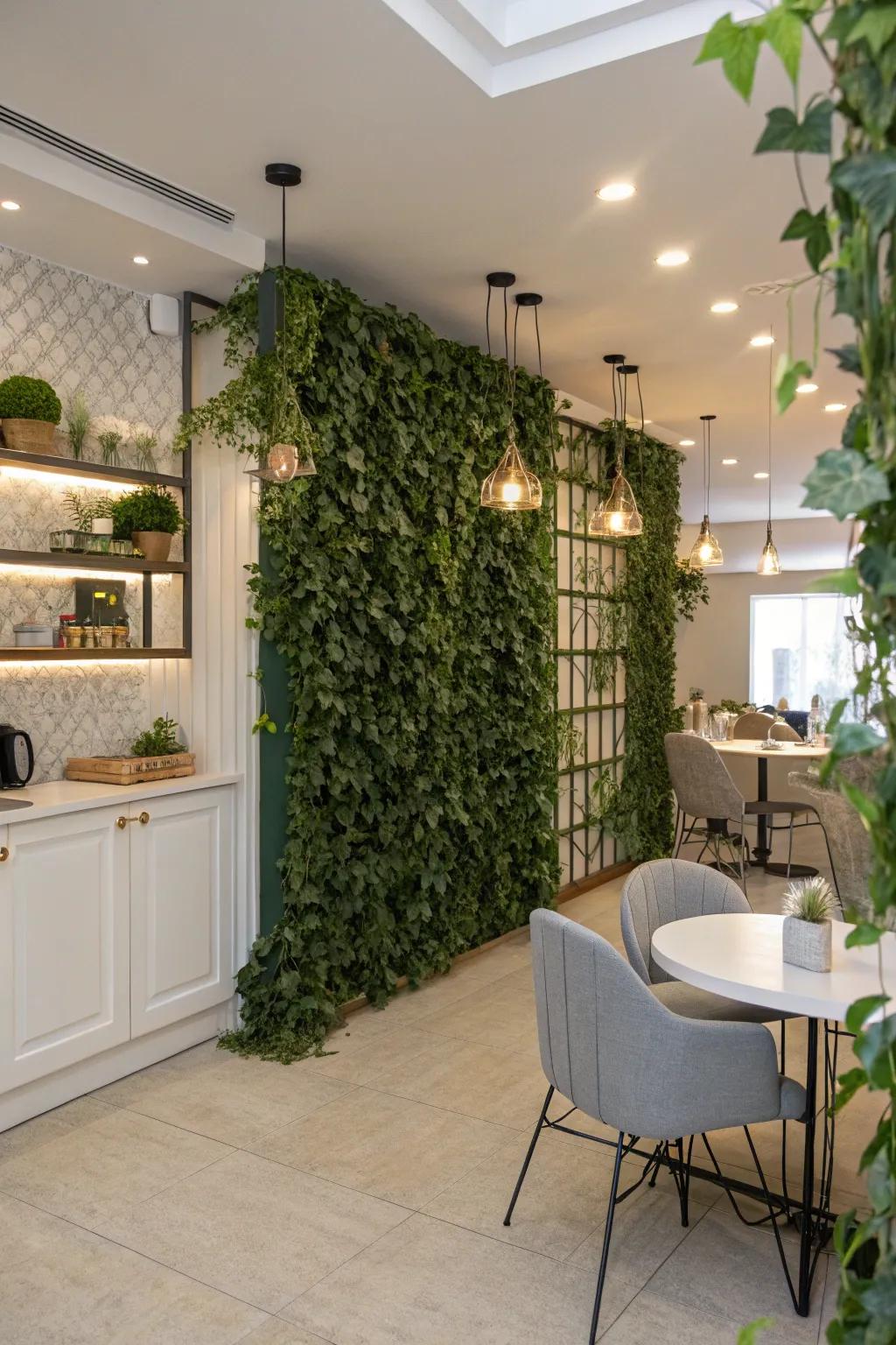 A greenery wall serving as a chic room divider, adding privacy and plants.