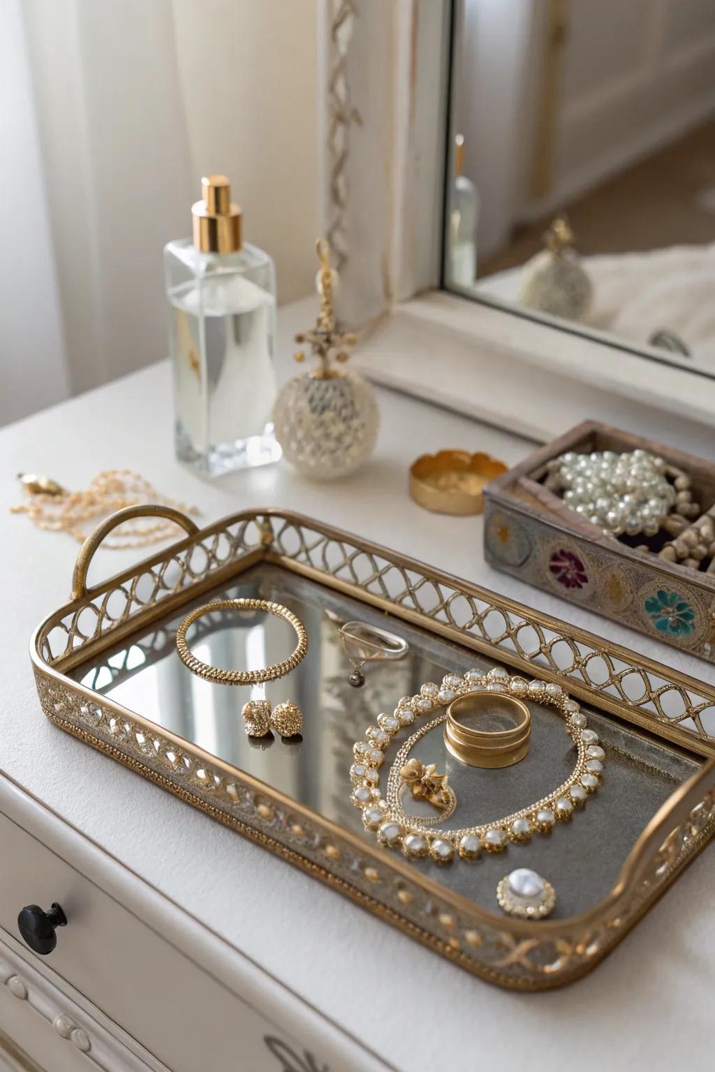 An antique reflective dish for a glamorous jewelry array