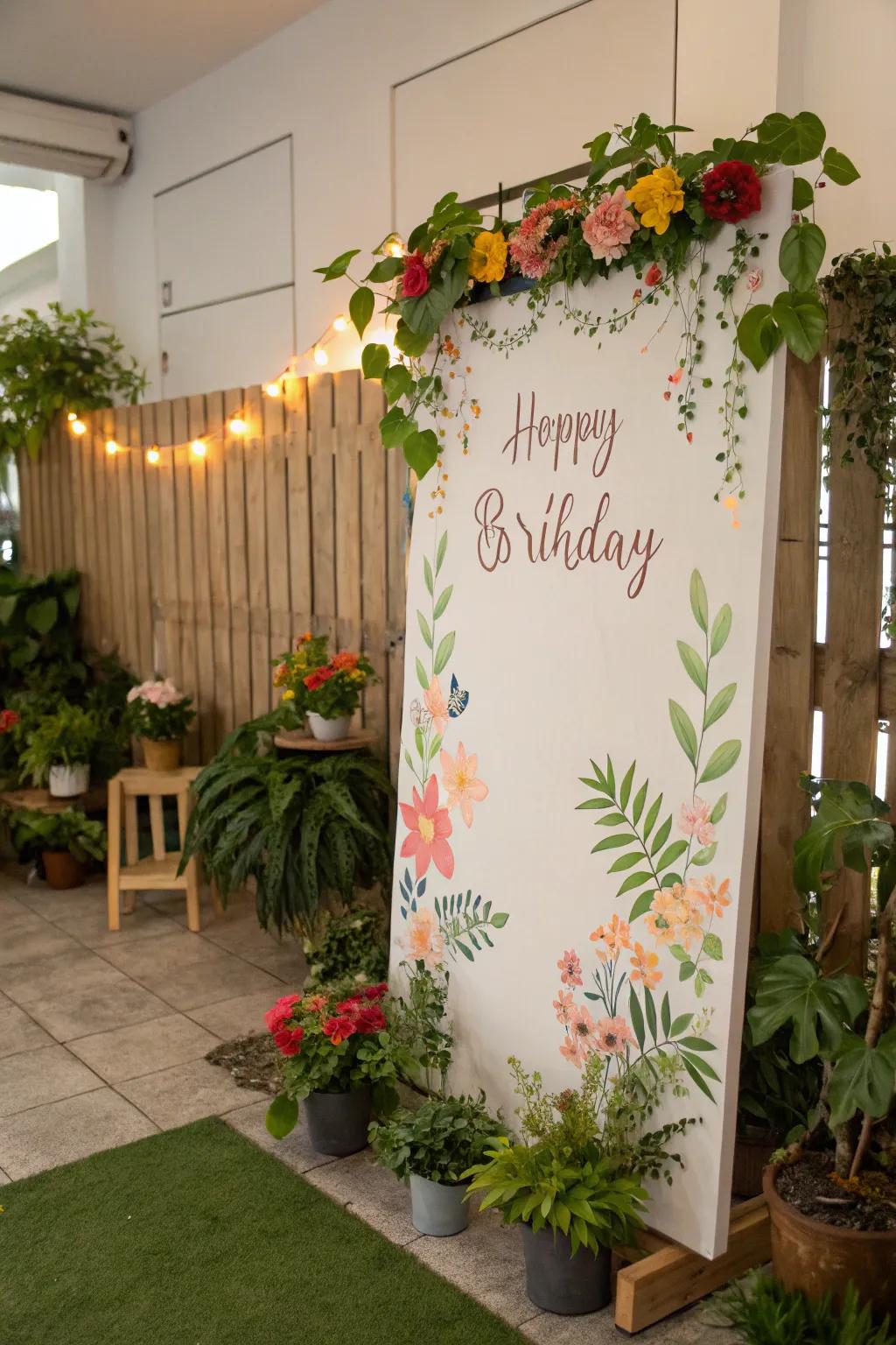 A garden party-themed birthday board showcasing summer's natural beauty.