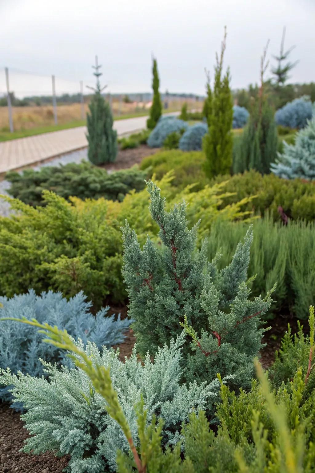 A vibrant garden palette showcasing diverse juniper foliage
