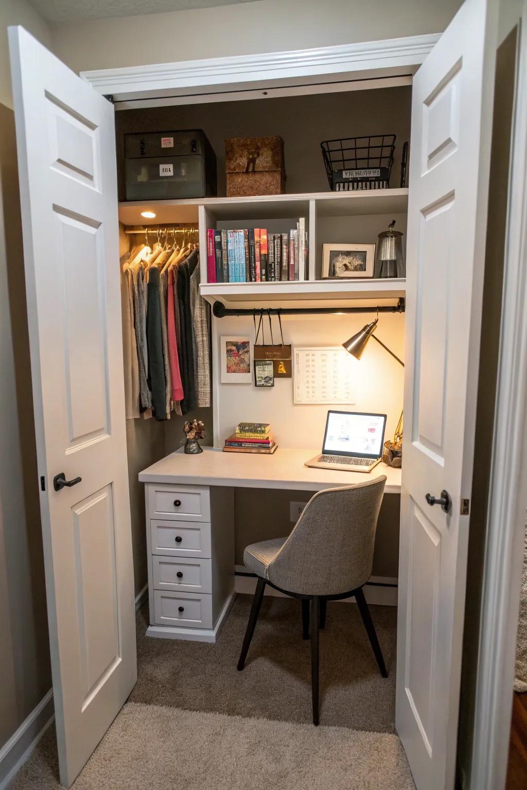 A concealed study nook inside a wardrobe.