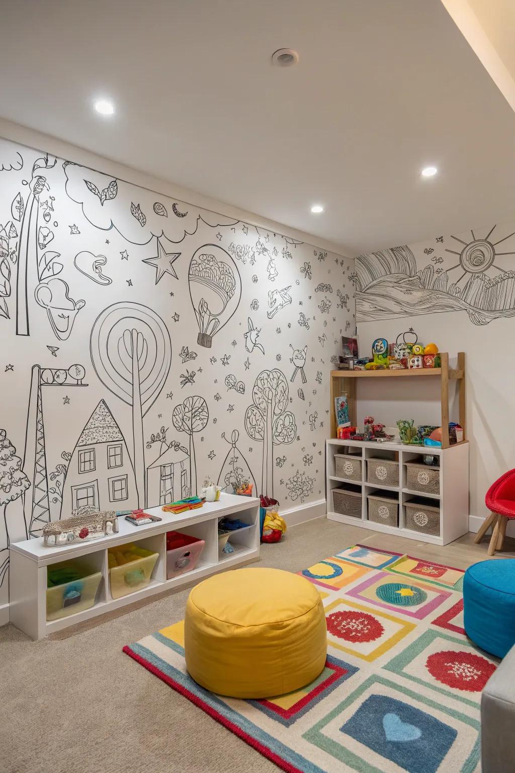 A playroom featuring doodle-inspired wallpaper, perfect for creative minds.