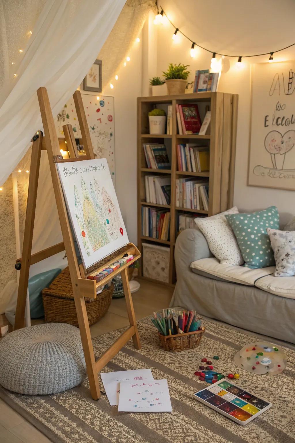 An artistic expression nook, where art and reading meet.