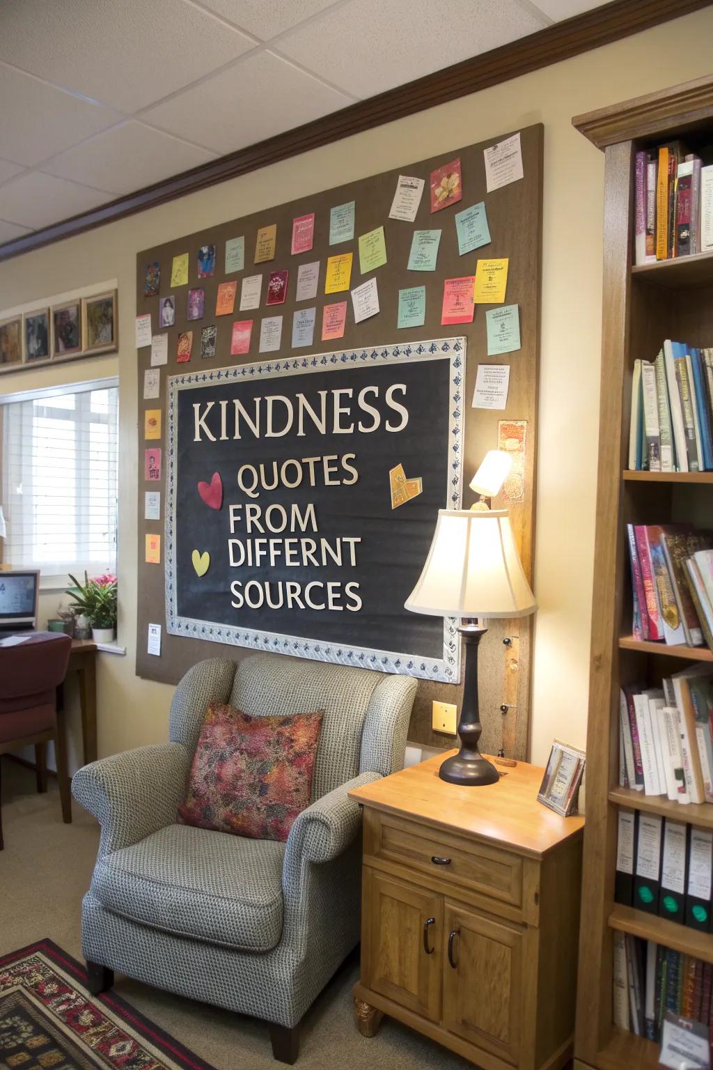 A snug study kindness saying display featuring inspirational quotes from various sources.