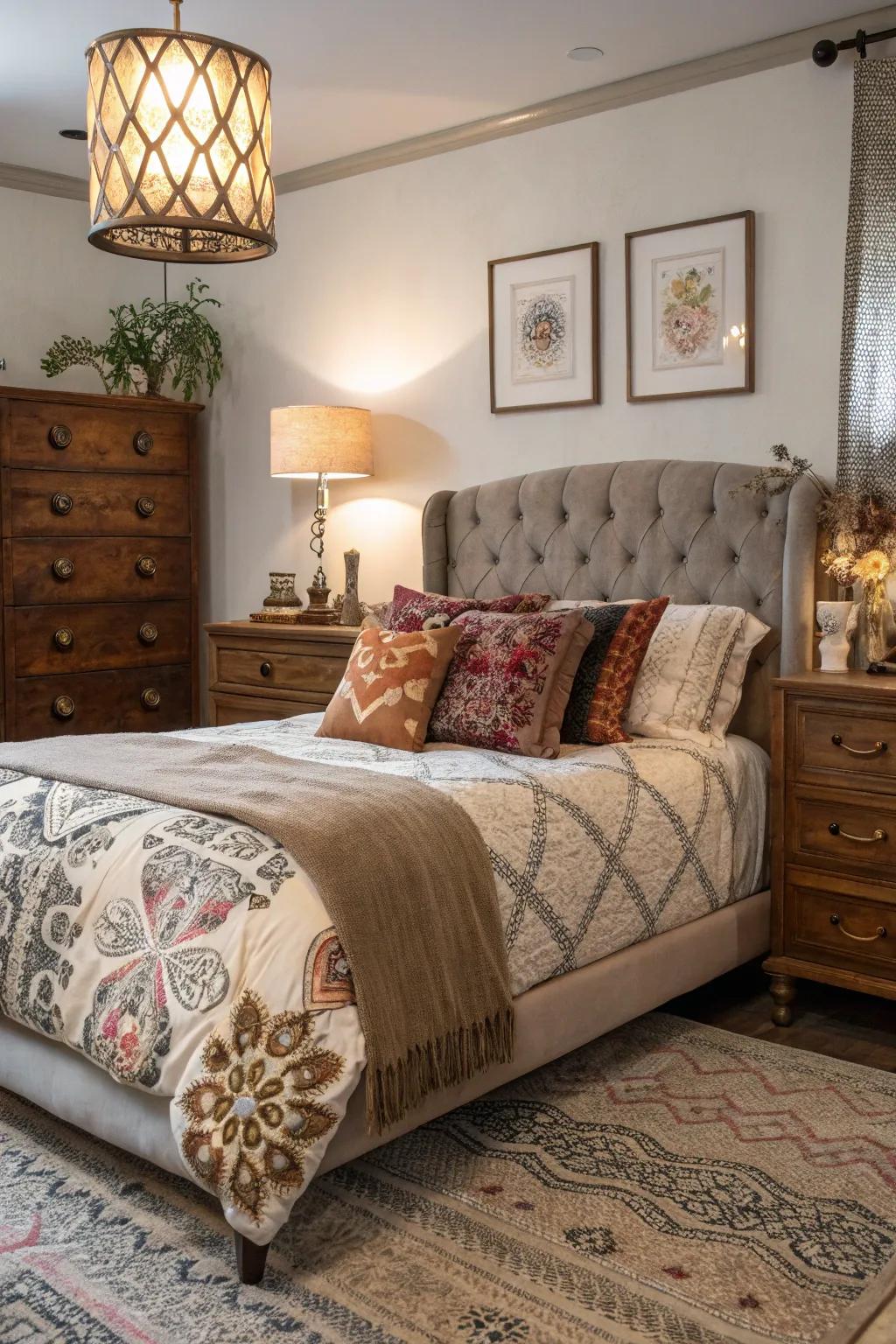 Eclectic elegance is realized by integrating vintage and modern elements in this king-sized bed arrangement.